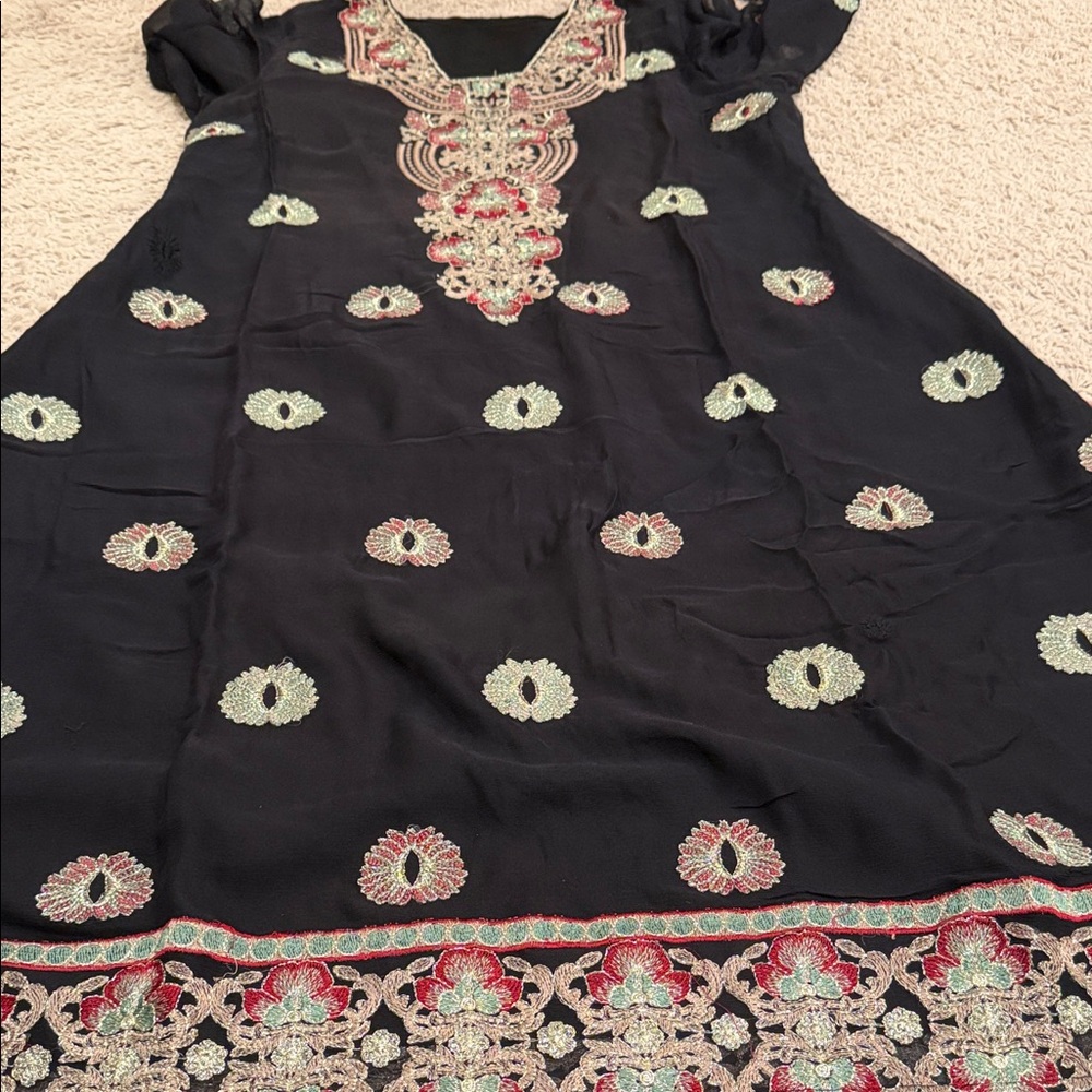 Salwar Kameez Black with Red and Green Floral Embroidery